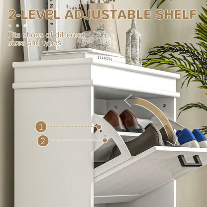 Meuble à chaussures pour entrée, étagère à chaussures étroite de rangement avec 2 tiroirs à abattant et étagères réglables