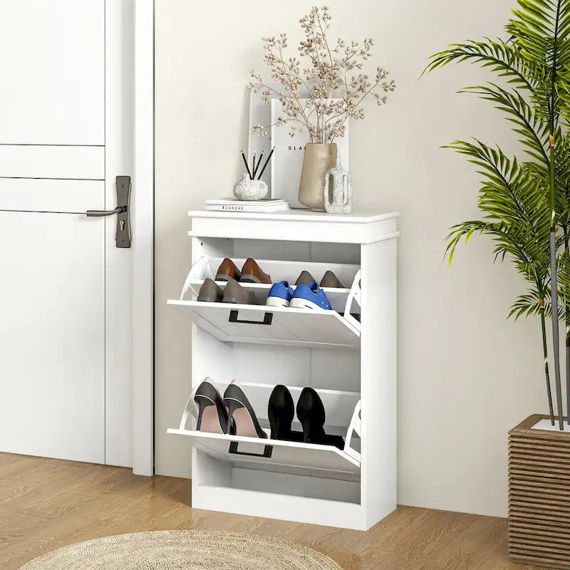 Meuble à chaussures pour entrée, étagère à chaussures étroite de rangement avec 2 tiroirs à abattant et étagères réglables