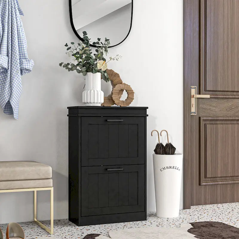 Meuble à chaussures pour entrée, étagère à chaussures étroite de rangement avec 2 tiroirs à abattant et étagères réglables