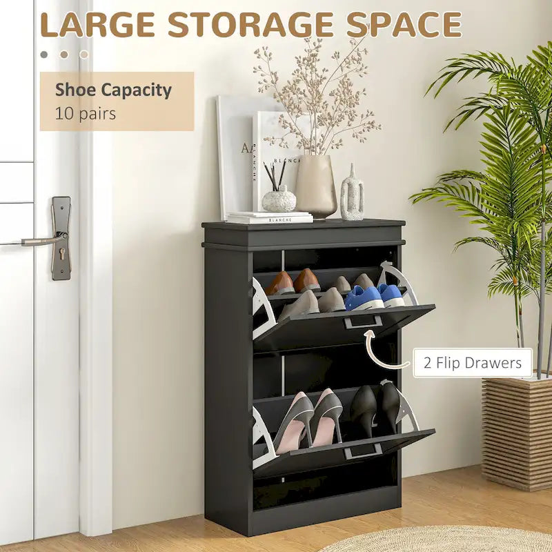 Meuble à chaussures pour entrée, étagère à chaussures étroite de rangement avec 2 tiroirs à abattant et étagères réglables