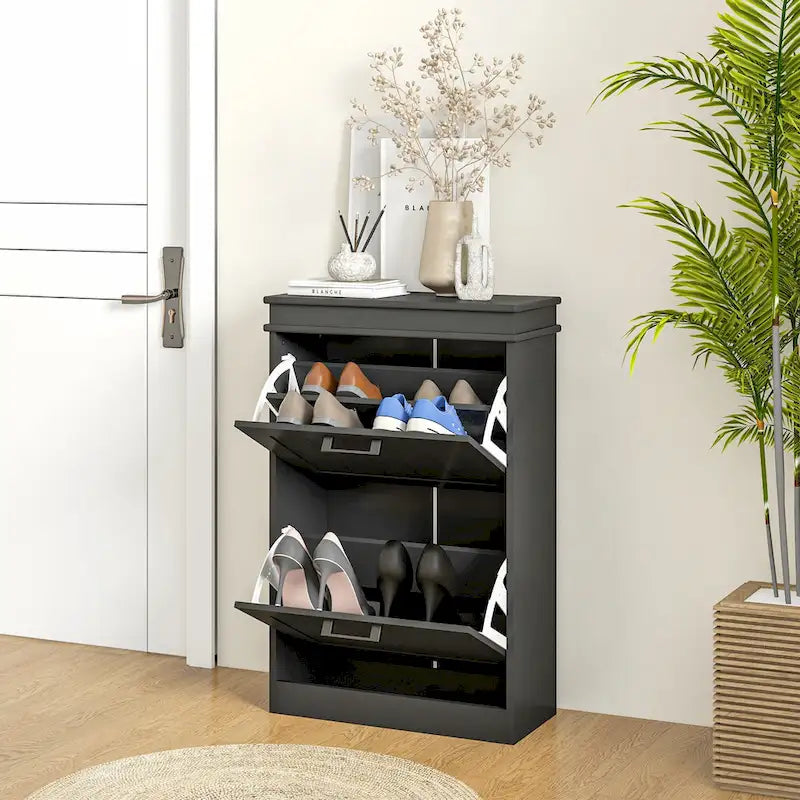Meuble à chaussures pour entrée, étagère à chaussures étroite de rangement avec 2 tiroirs à abattant et étagères réglables