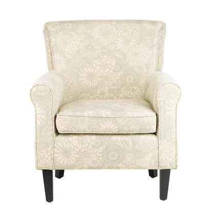 Fauteuil Club à Bras Roulés Floral – Mélange Coton-Lin, Pieds Espresso, 30"L x 33"P x 35"H