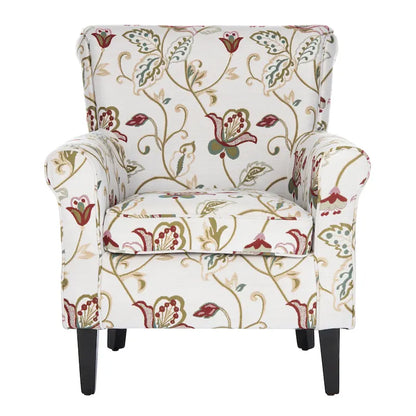 Fauteuil Club à Bras Roulés Floral – Mélange Coton-Lin, Pieds Espresso, 30"L x 33"P x 35"H
