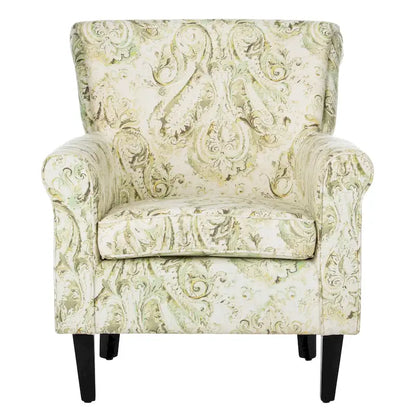 Fauteuil Club à Bras Roulés Floral – Mélange Coton-Lin, Pieds Espresso, 30"L x 33"P x 35"H