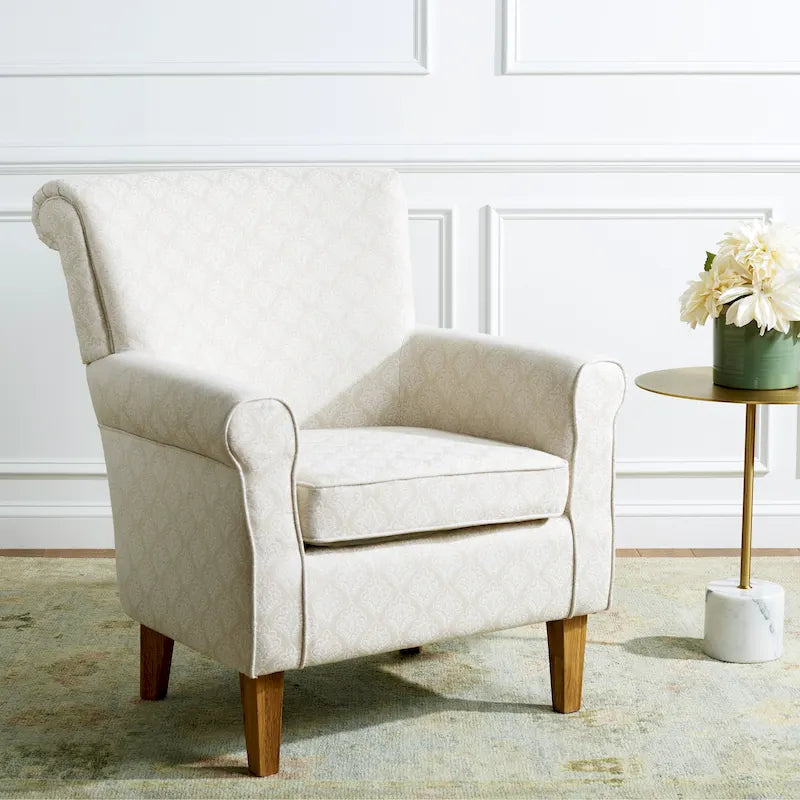 Fauteuil Club à Bras Roulés Floral – Mélange Coton-Lin, Pieds Espresso, 30"L x 33"P x 35"H
