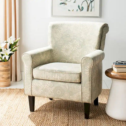 Fauteuil Club à Bras Roulés Floral – Mélange Coton-Lin, Pieds Espresso, 30"L x 33"P x 35"H