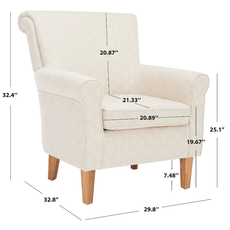 Fauteuil Club à Bras Roulés Floral – Mélange Coton-Lin, Pieds Espresso, 30"L x 33"P x 35"H