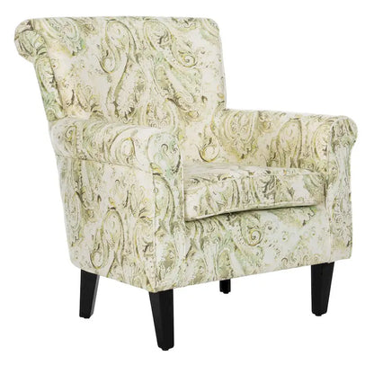 Fauteuil Club à Bras Roulés Floral – Mélange Coton-Lin, Pieds Espresso, 30"L x 33"P x 35"H
