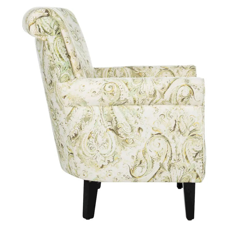 Fauteuil Club à Bras Roulés Floral – Mélange Coton-Lin, Pieds Espresso, 30"L x 33"P x 35"H