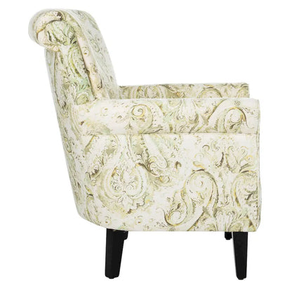 Fauteuil Club à Bras Roulés Floral – Mélange Coton-Lin, Pieds Espresso, 30"L x 33"P x 35"H