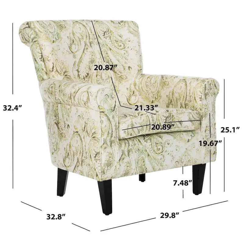 Fauteuil Club à Bras Roulés Floral – Mélange Coton-Lin, Pieds Espresso, 30"L x 33"P x 35"H