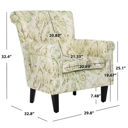 Fauteuil Club à Bras Roulés Floral – Mélange Coton-Lin, Pieds Espresso, 30"L x 33"P x 35"H
