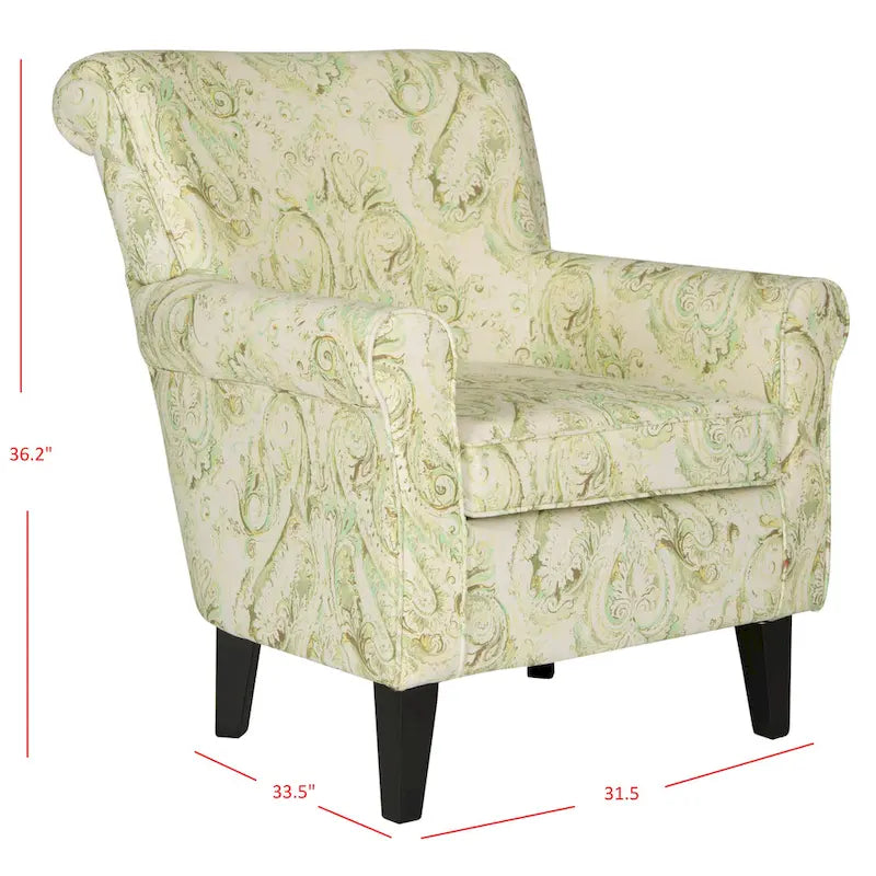Fauteuil Club à Bras Roulés Floral – Mélange Coton-Lin, Pieds Espresso, 30"L x 33"P x 35"H