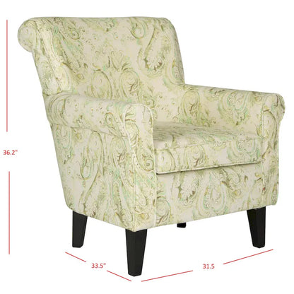 Fauteuil Club à Bras Roulés Floral – Mélange Coton-Lin, Pieds Espresso, 30"L x 33"P x 35"H