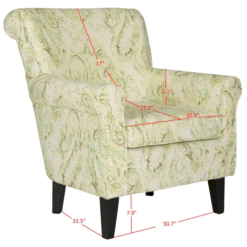 Fauteuil Club à Bras Roulés Floral – Mélange Coton-Lin, Pieds Espresso, 30"L x 33"P x 35"H