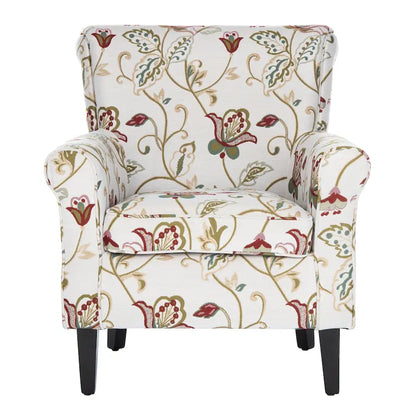 Fauteuil Club à Bras Roulés Floral – Mélange Coton-Lin, Pieds Espresso, 30"L x 33"P x 35"H