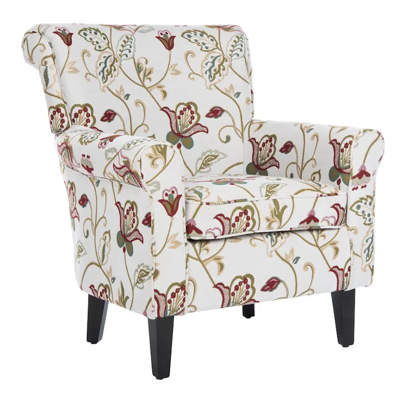 Fauteuil Club à Bras Roulés Floral – Mélange Coton-Lin, Pieds Espresso, 30"L x 33"P x 35"H