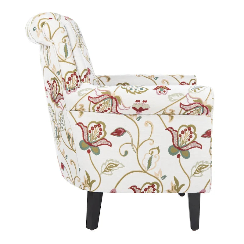 Fauteuil Club à Bras Roulés Floral – Mélange Coton-Lin, Pieds Espresso, 30"L x 33"P x 35"H