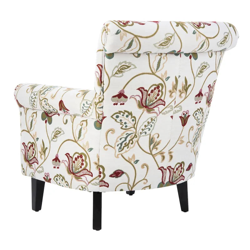 Fauteuil Club à Bras Roulés Floral – Mélange Coton-Lin, Pieds Espresso, 30"L x 33"P x 35"H