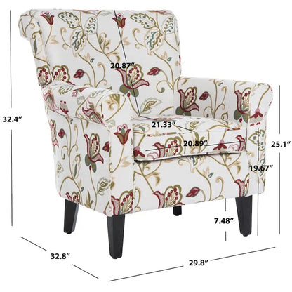 Fauteuil Club à Bras Roulés Floral – Mélange Coton-Lin, Pieds Espresso, 30"L x 33"P x 35"H