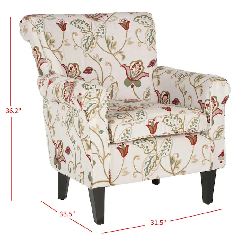 Fauteuil Club à Bras Roulés Floral – Mélange Coton-Lin, Pieds Espresso, 30"L x 33"P x 35"H