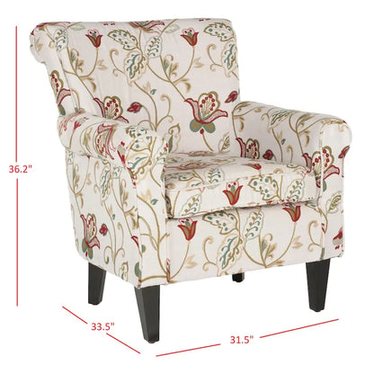 Fauteuil Club à Bras Roulés Floral – Mélange Coton-Lin, Pieds Espresso, 30"L x 33"P x 35"H