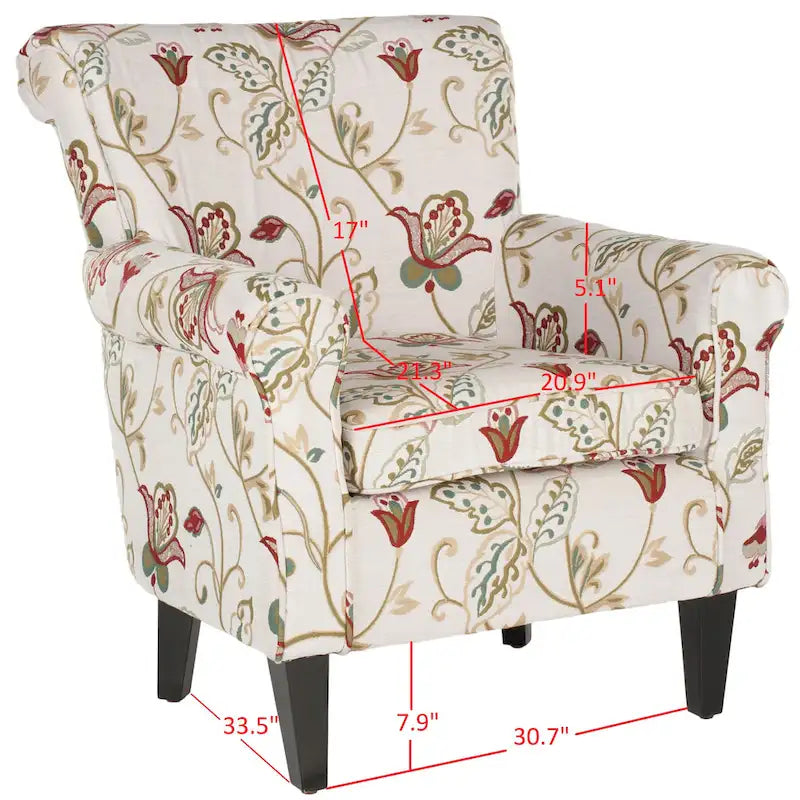Fauteuil Club à Bras Roulés Floral – Mélange Coton-Lin, Pieds Espresso, 30"L x 33"P x 35"H