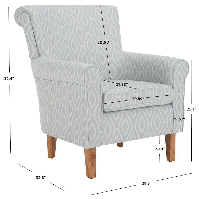 Fauteuil Club à Bras Roulés Floral – Mélange Coton-Lin, Pieds Espresso, 30"L x 33"P x 35"H