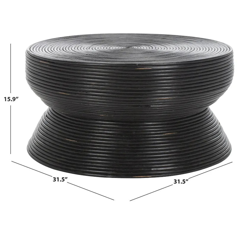 Table basse d'appoint ronde en rotin – Forme sablier, noir vieilli, 79 cm (L) x 79 cm (P) x 41 cm (H)