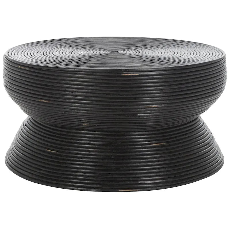 Table basse d'appoint ronde en rotin – Forme sablier, noir vieilli, 79 cm (L) x 79 cm (P) x 41 cm (H)
