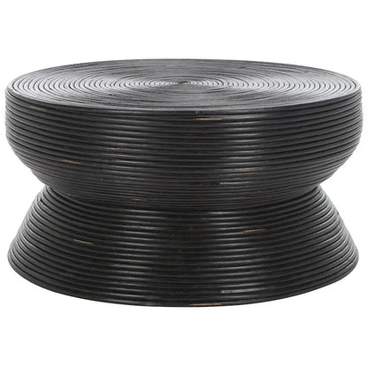 Table basse d'appoint ronde en rotin – Forme sablier, noir vieilli, 79 cm (L) x 79 cm (P) x 41 cm (H)