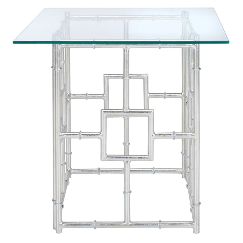 Table d'appoint carrée plateau verre et argent 22x22x21