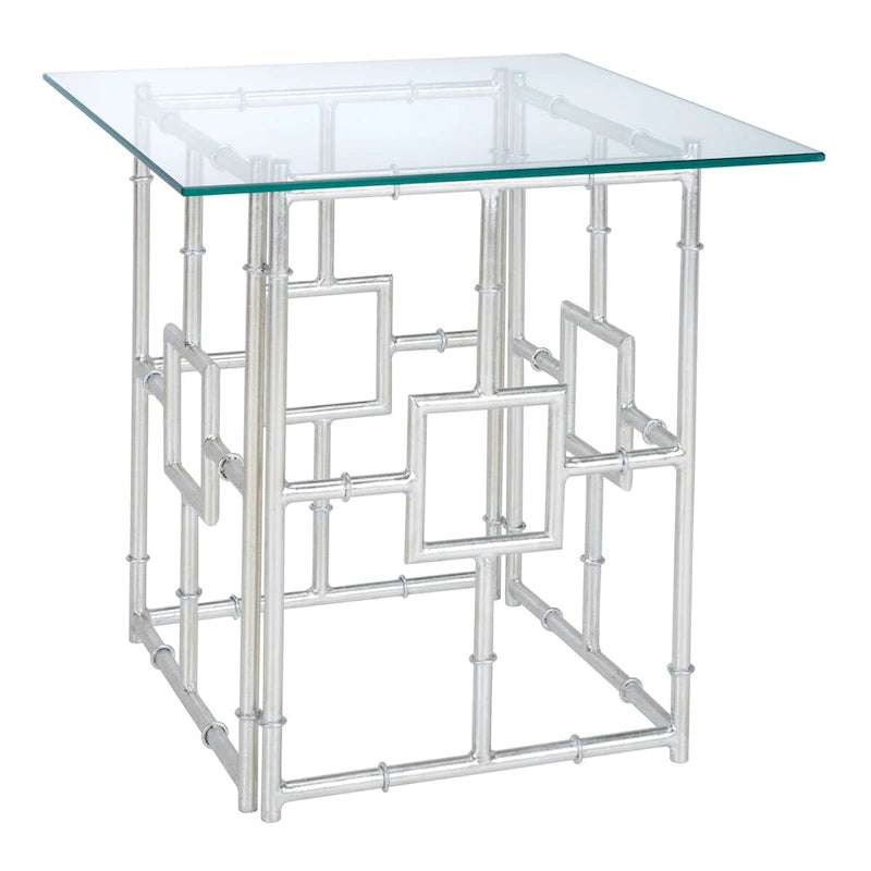 Table d'appoint carrée plateau verre et argent 22x22x21