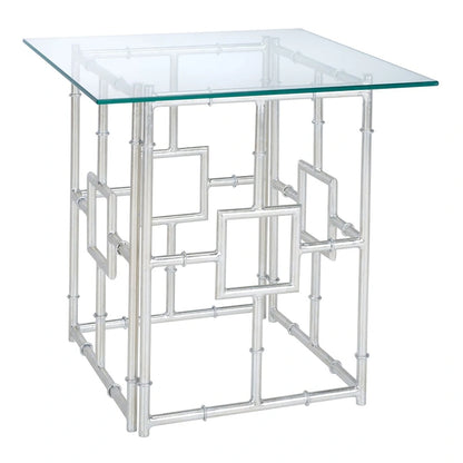 Table d'appoint carrée plateau verre et argent 22x22x21