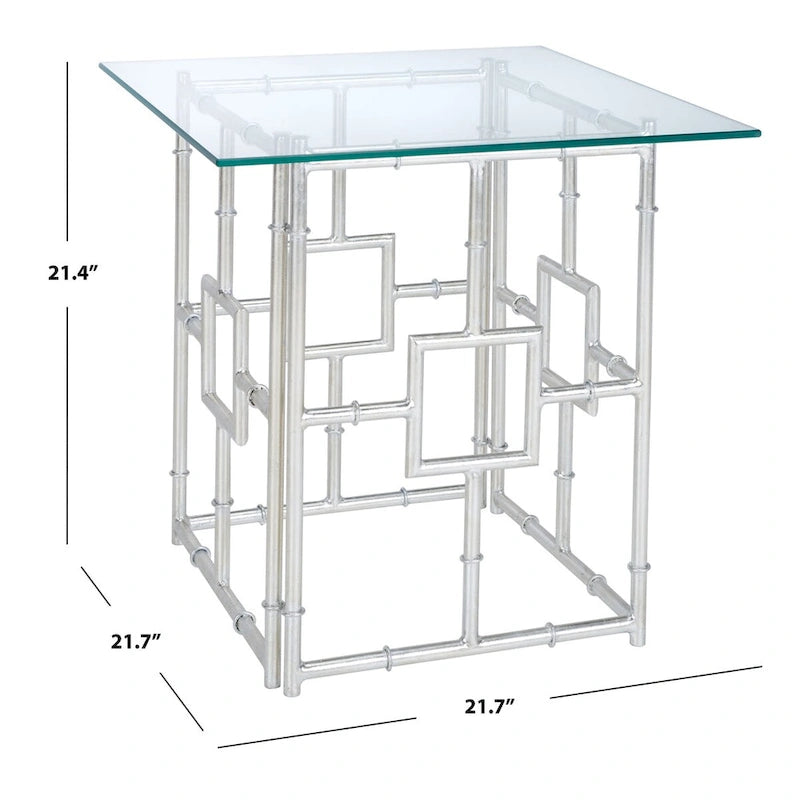 Table d'appoint carrée plateau verre et argent 22x22x21