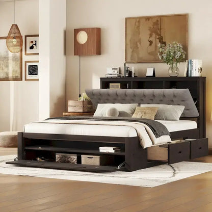 Lit plateforme avec tête de lit de rangement, range-chaussures et 4 tiroirs