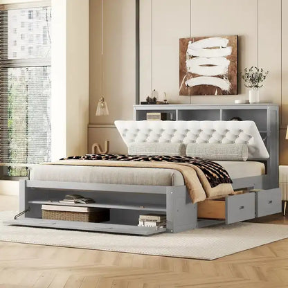Lit plateforme avec tête de lit de rangement, range-chaussures et 4 tiroirs