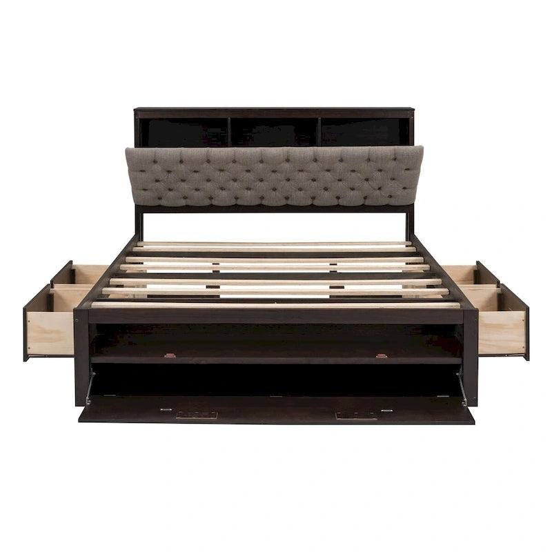 Lit plateforme avec tête de lit de rangement, range-chaussures et 4 tiroirs