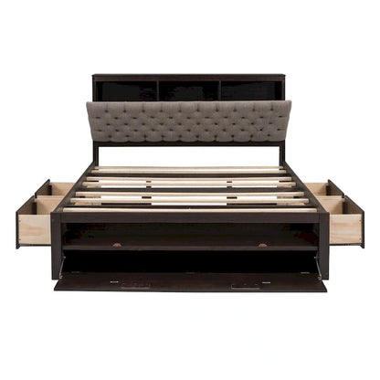 Lit plateforme avec tête de lit de rangement, range-chaussures et 4 tiroirs