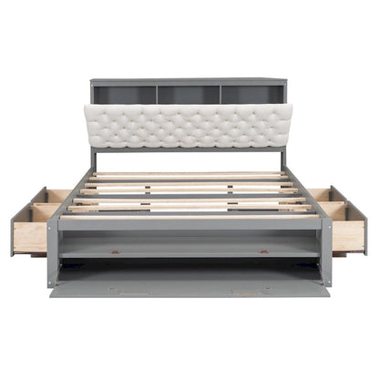 Lit plateforme avec tête de lit de rangement, range-chaussures et 4 tiroirs