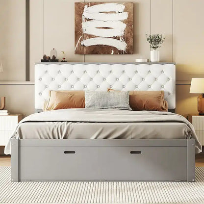 Lit plateforme avec tête de lit de rangement, range-chaussures et 4 tiroirs