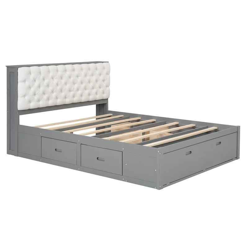 Lit plateforme avec tête de lit de rangement, range-chaussures et 4 tiroirs