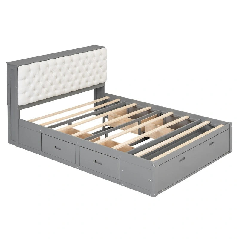 Lit plateforme avec tête de lit de rangement, range-chaussures et 4 tiroirs