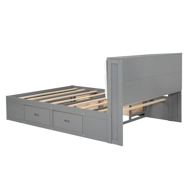 Lit plateforme avec tête de lit de rangement, range-chaussures et 4 tiroirs