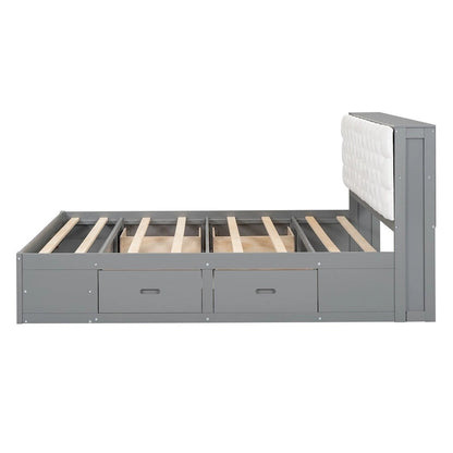 Lit plateforme avec tête de lit de rangement, range-chaussures et 4 tiroirs