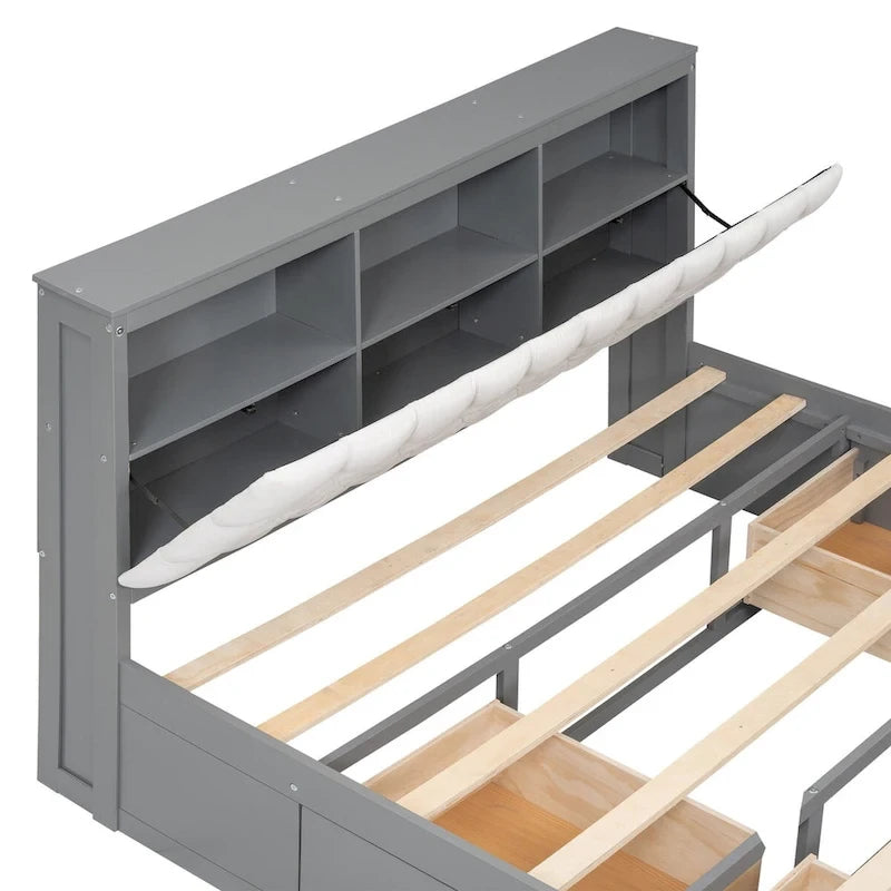 Lit plateforme avec tête de lit de rangement, range-chaussures et 4 tiroirs