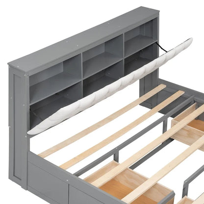 Lit plateforme avec tête de lit de rangement, range-chaussures et 4 tiroirs