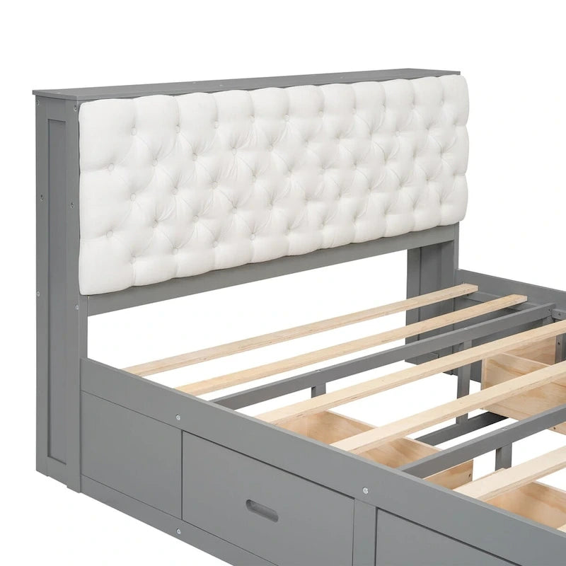 Lit plateforme avec tête de lit de rangement, range-chaussures et 4 tiroirs