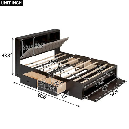 Lit plateforme avec tête de lit de rangement, range-chaussures et 4 tiroirs
