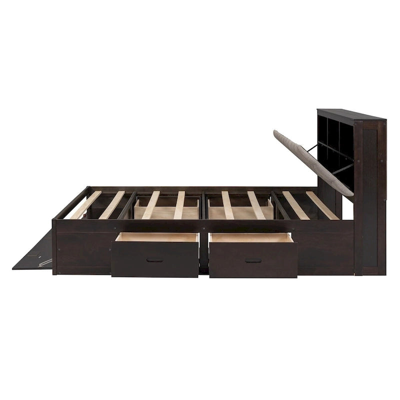 Lit plateforme avec tête de lit de rangement, range-chaussures et 4 tiroirs